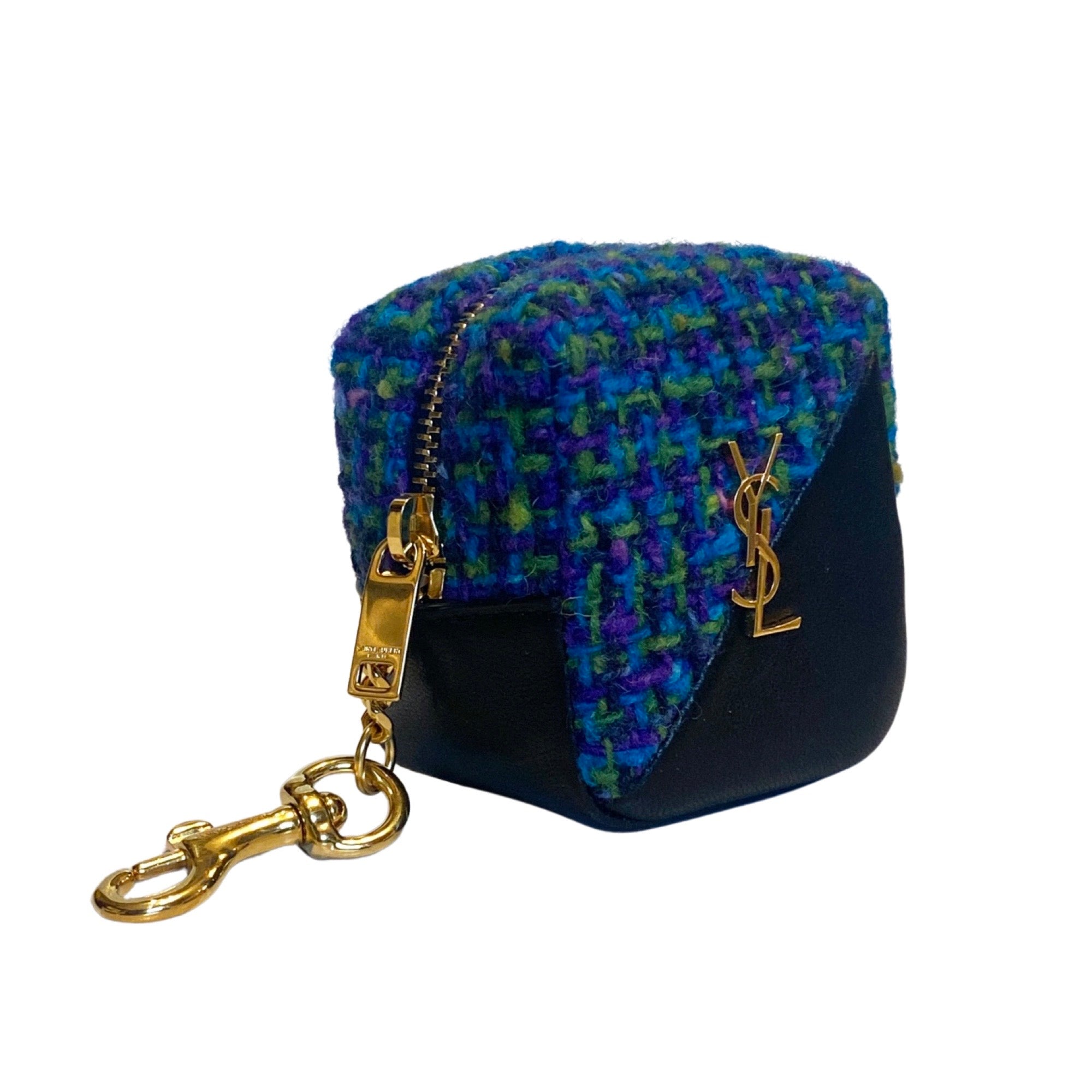 Saint Laurent Jamie YSL Keyring Cube Blue Tweed Black Leather 669964 at_Queen_Bee_of_Beverly_Hills