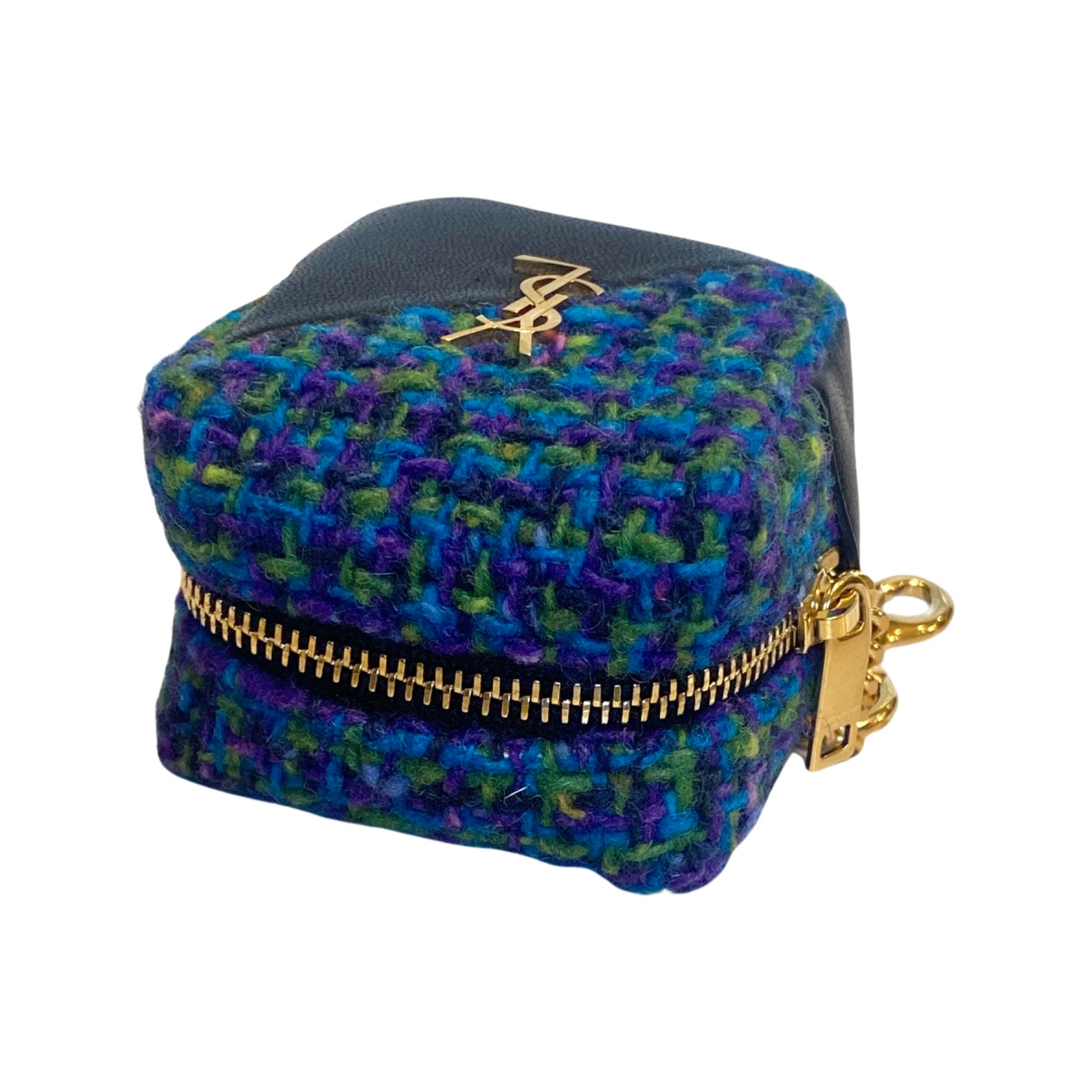 Saint Laurent Jamie YSL Keyring Cube Blue Tweed Black Leather 669964 at_Queen_Bee_of_Beverly_Hills