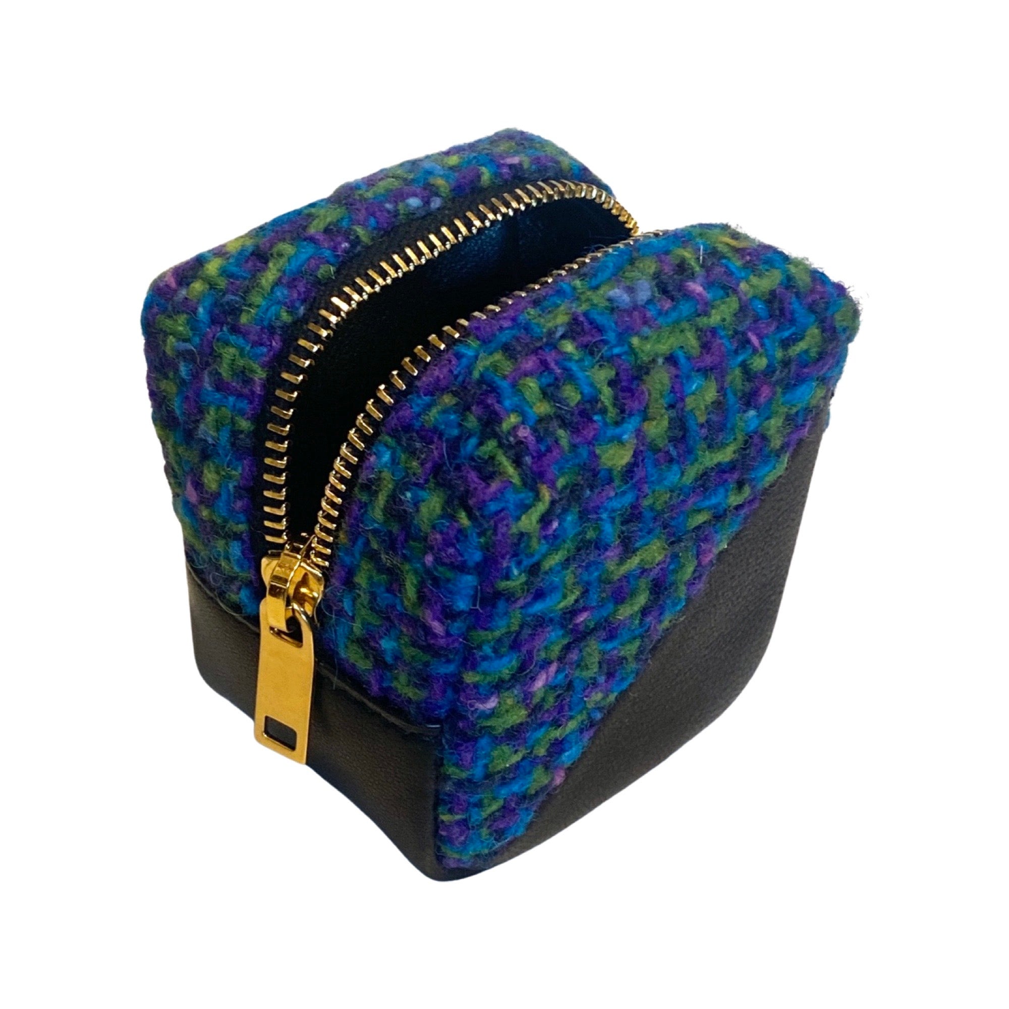 Saint Laurent Jamie YSL Keyring Cube Blue Tweed Black Leather 669964 at_Queen_Bee_of_Beverly_Hills