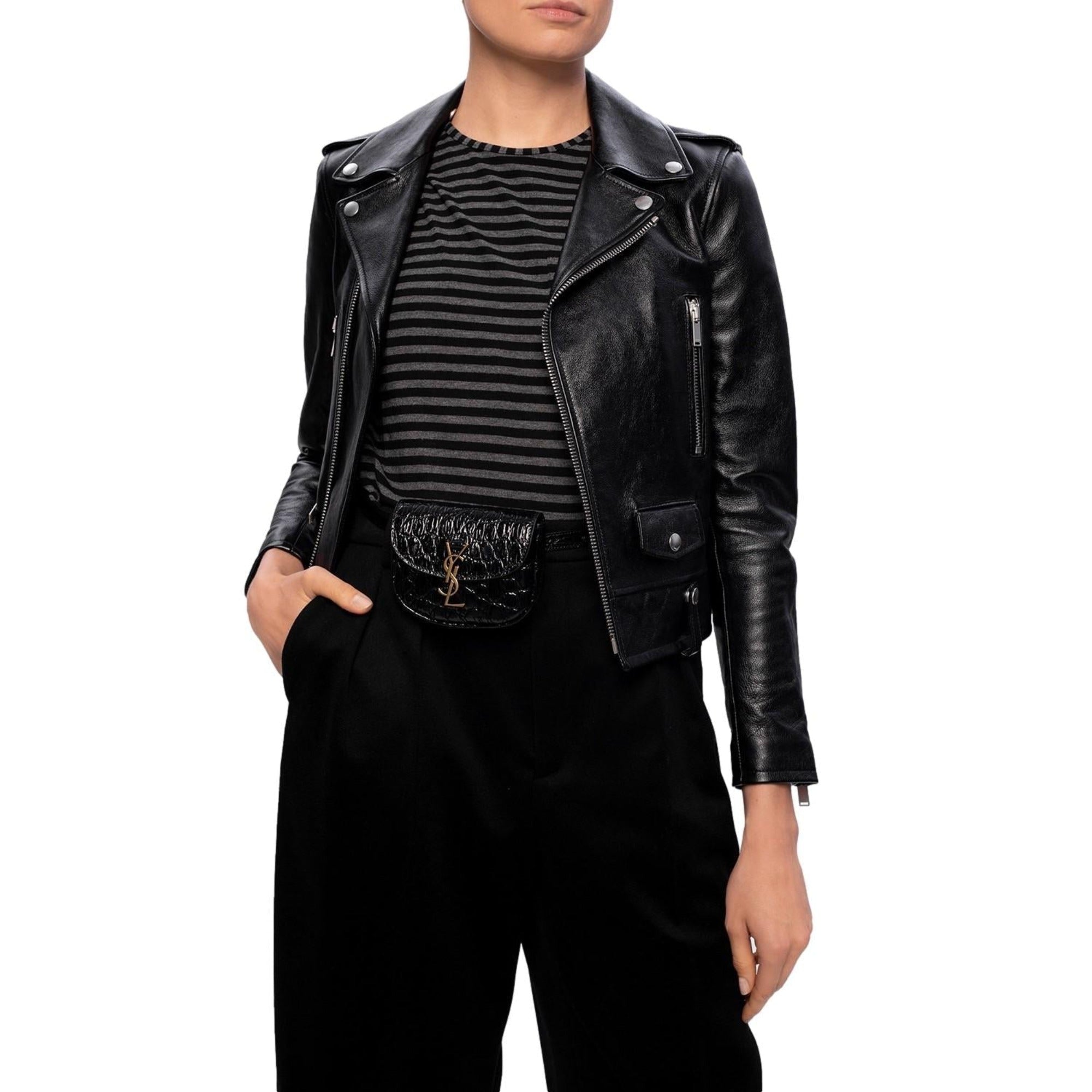 Saint Laurent Kaia Black Leather Croc Embossed Mini Belt Bag 634922 at_Queen_Bee_of_Beverly_Hills
