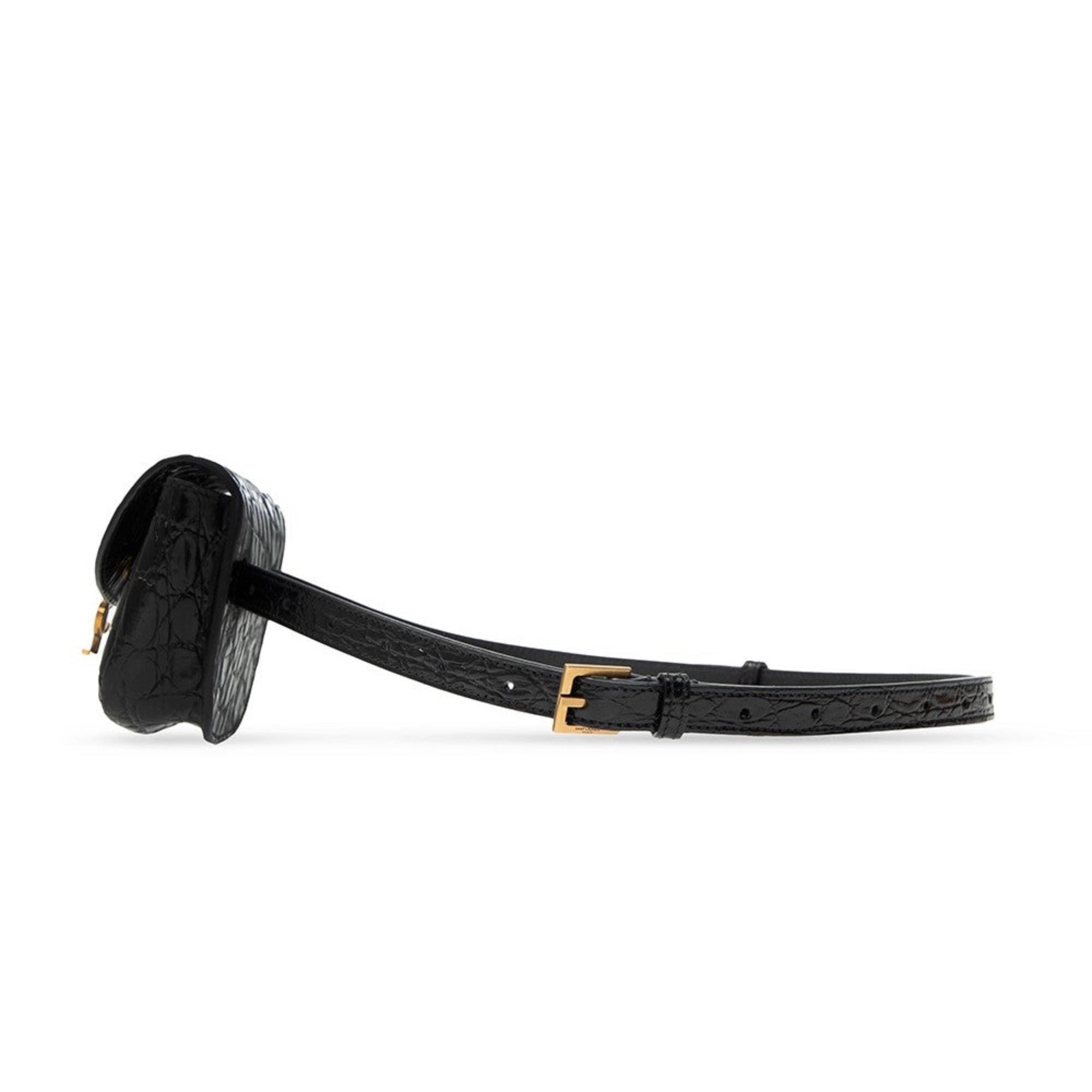 Saint Laurent Kaia Black Leather Croc Embossed Mini Belt Bag 634922 at_Queen_Bee_of_Beverly_Hills