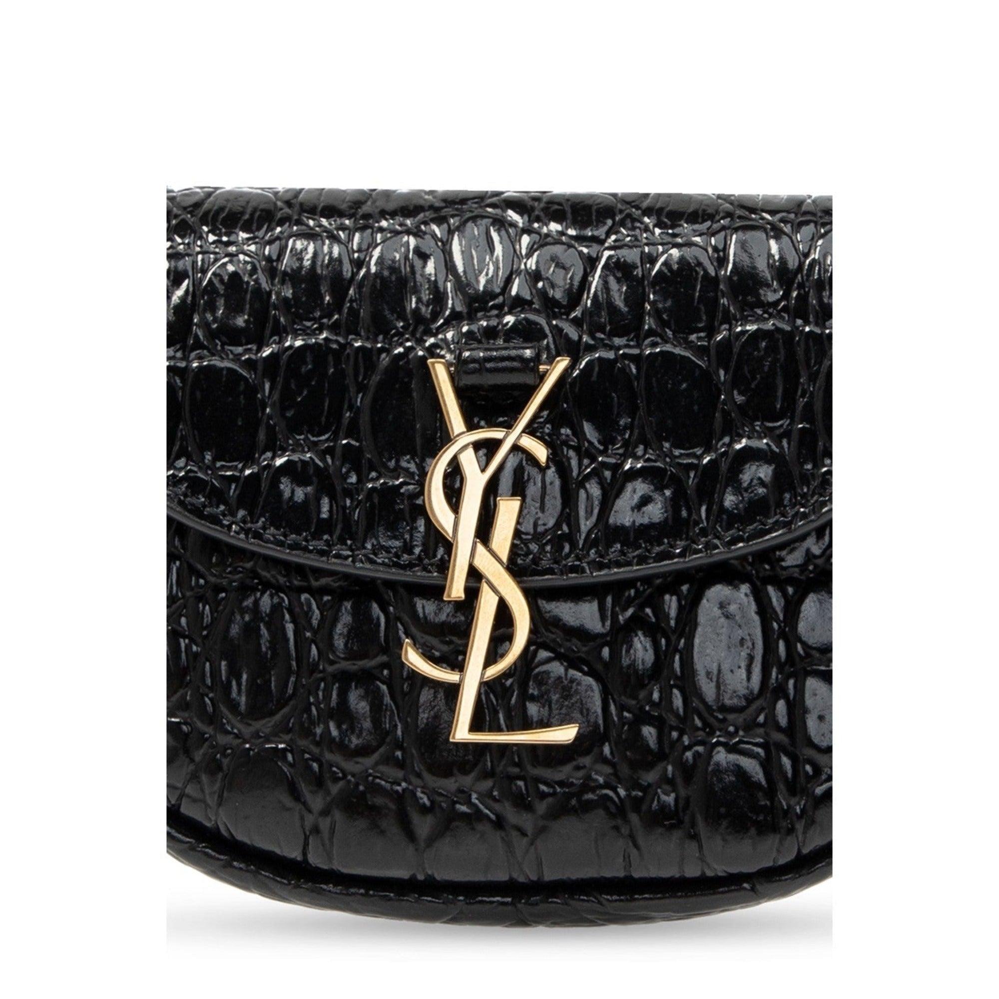 Saint Laurent Kaia Black Leather Croc Embossed Mini Belt Bag 634922 at_Queen_Bee_of_Beverly_Hills