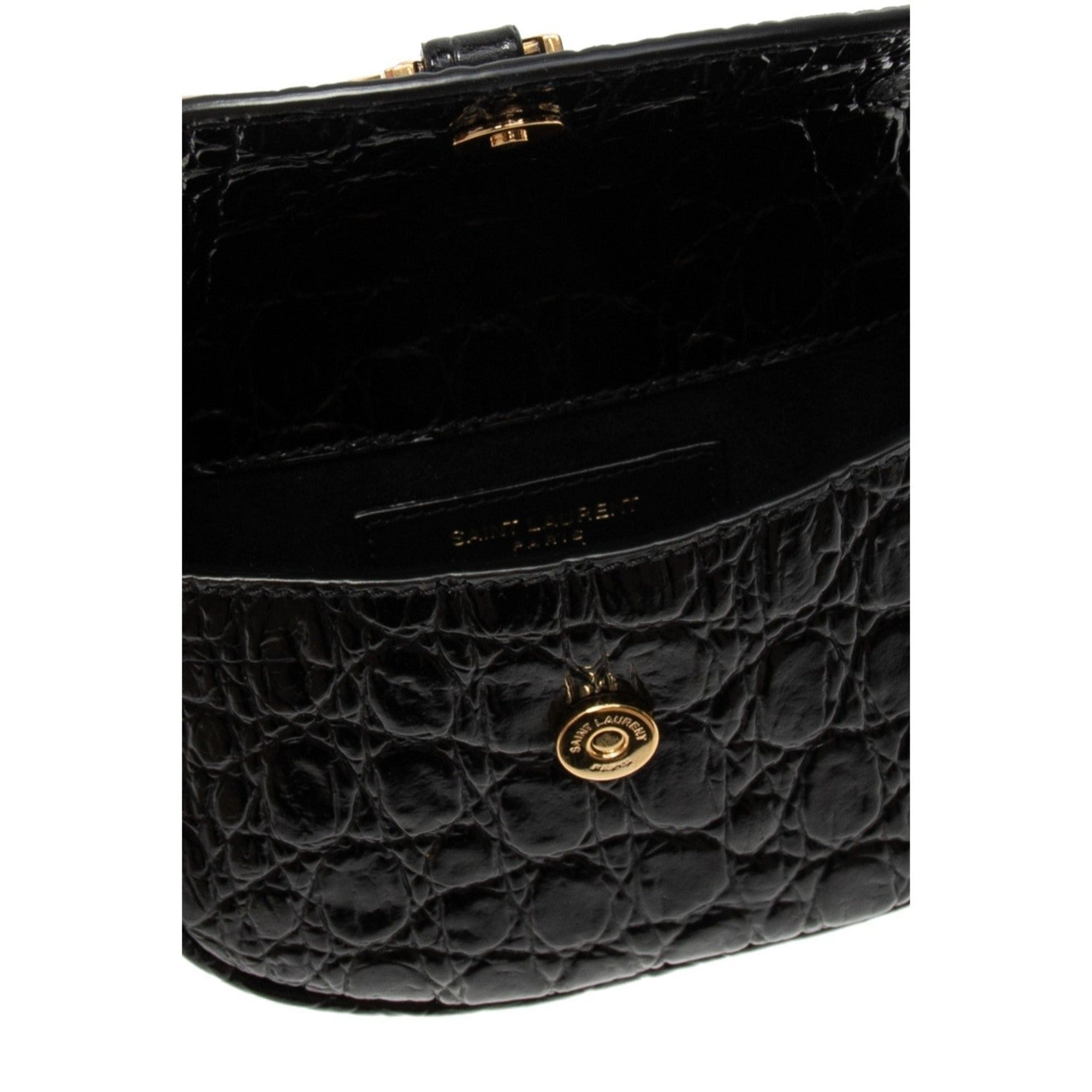 Saint Laurent Kaia Black Leather Croc Embossed Mini Belt Bag 634922 at_Queen_Bee_of_Beverly_Hills