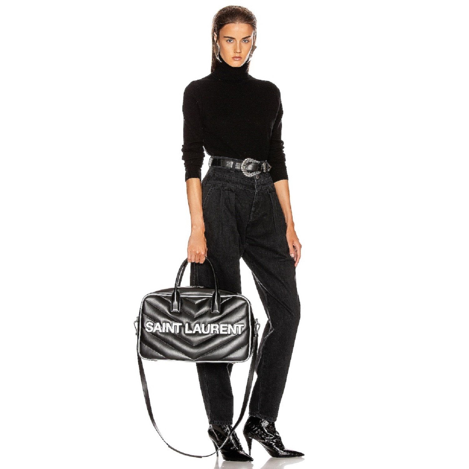 Saint Laurent Miles Logo Black Calf Leather Duffel Bowling Bag 525145 at_Queen_Bee_of_Beverly_Hills