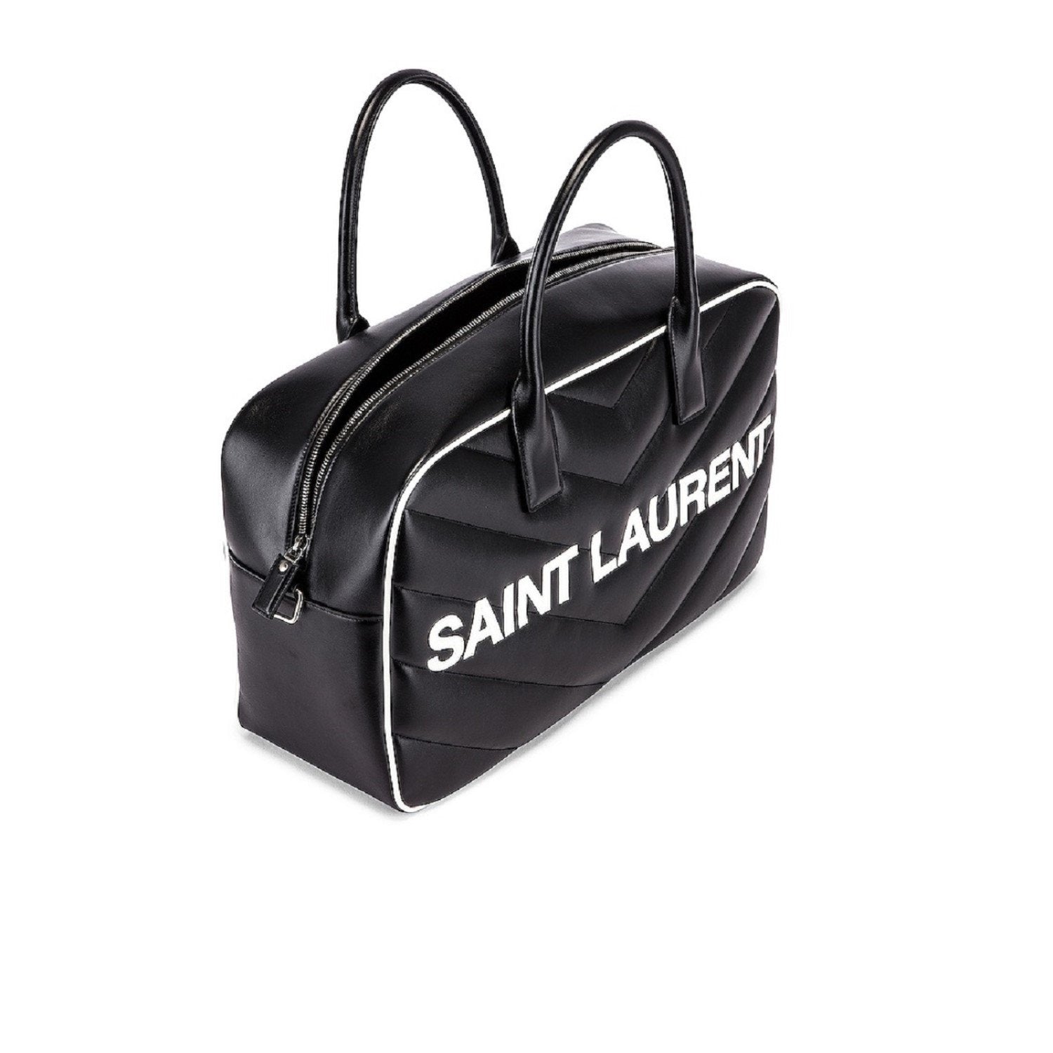 Saint Laurent Miles Logo Black Calf Leather Duffel Bowling Bag 525145 at_Queen_Bee_of_Beverly_Hills