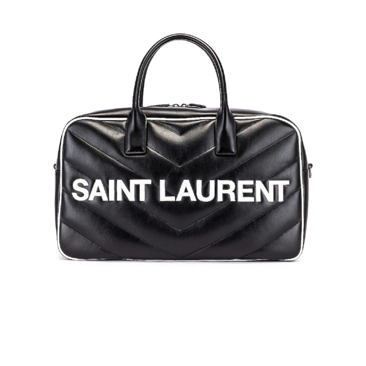 Saint Laurent Miles Logo Black Calf Leather Duffel Bowling Bag 525145 at_Queen_Bee_of_Beverly_Hills