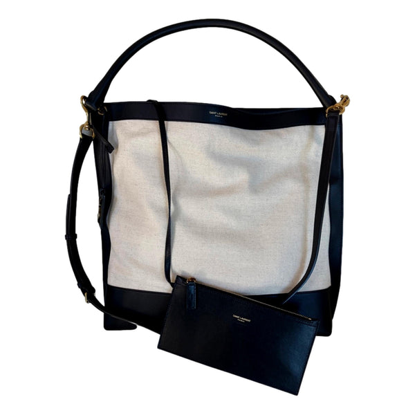 Saint Laurent Tag Canvas and Black Leather Hobo Bag Queen Bee of