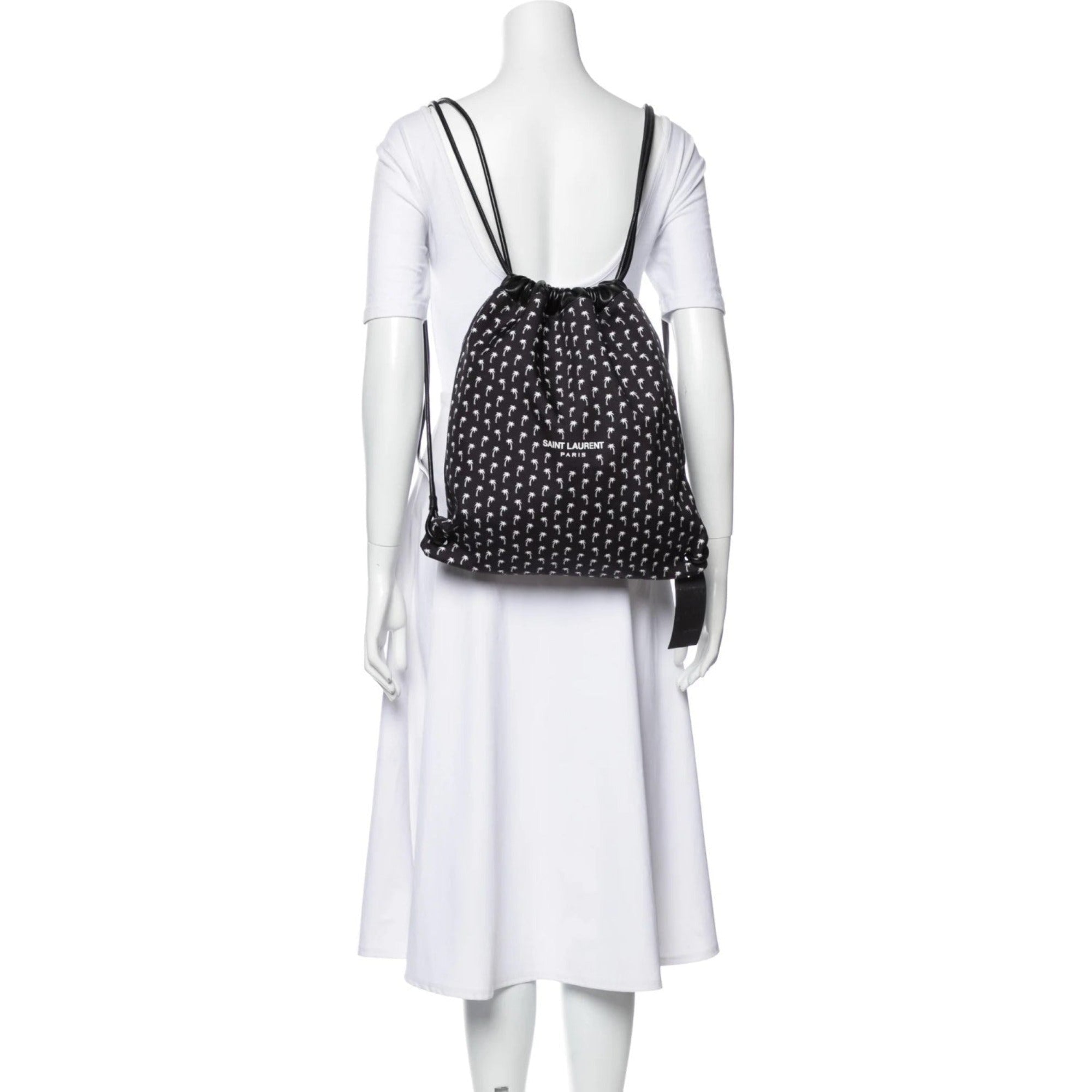 Saint Laurent Teddy Black Canvas Palm Drawstring Backpack 553919 at_Queen_Bee_of_Beverly_Hills