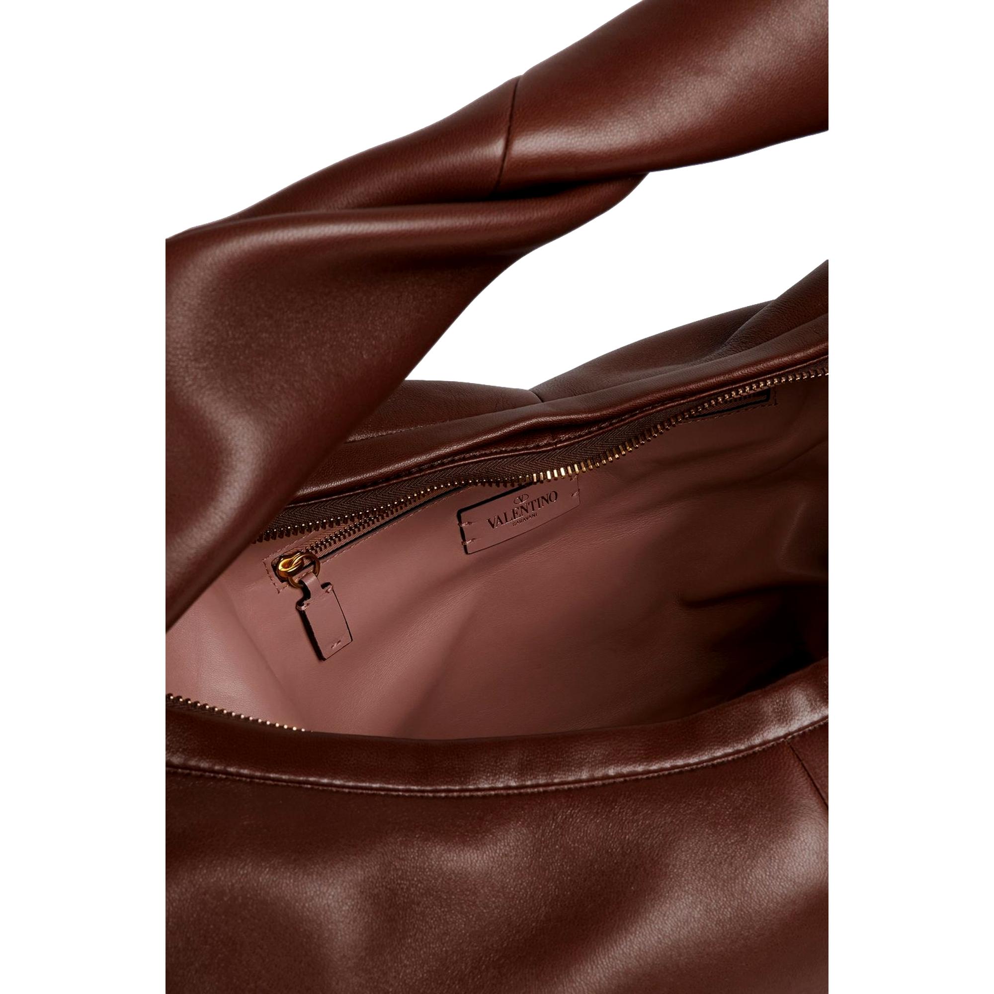 Valentino Garavani Roman Stud Twisted Brown Leather Shoulder Bag at_Queen_Bee_of_Beverly_Hills