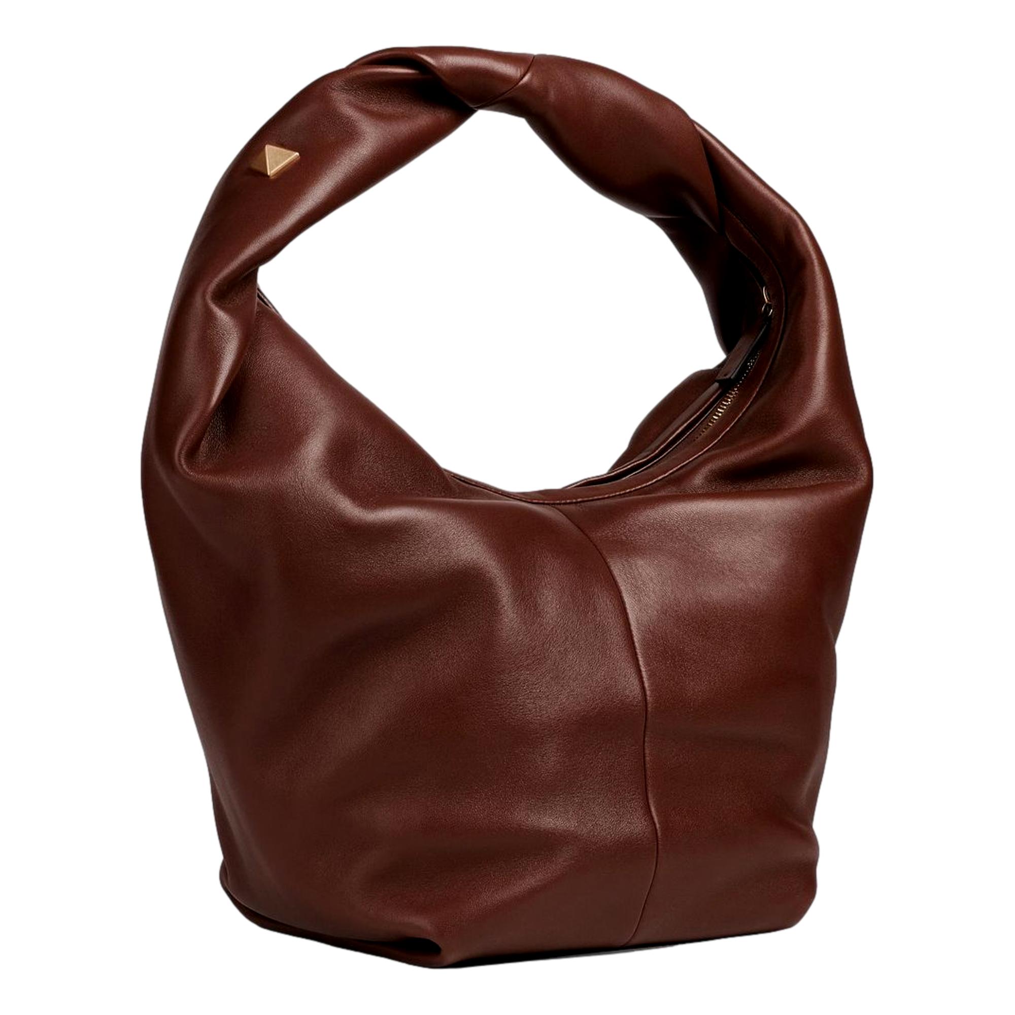 Valentino Garavani Roman Stud Twisted Brown Leather Shoulder Bag at_Queen_Bee_of_Beverly_Hills