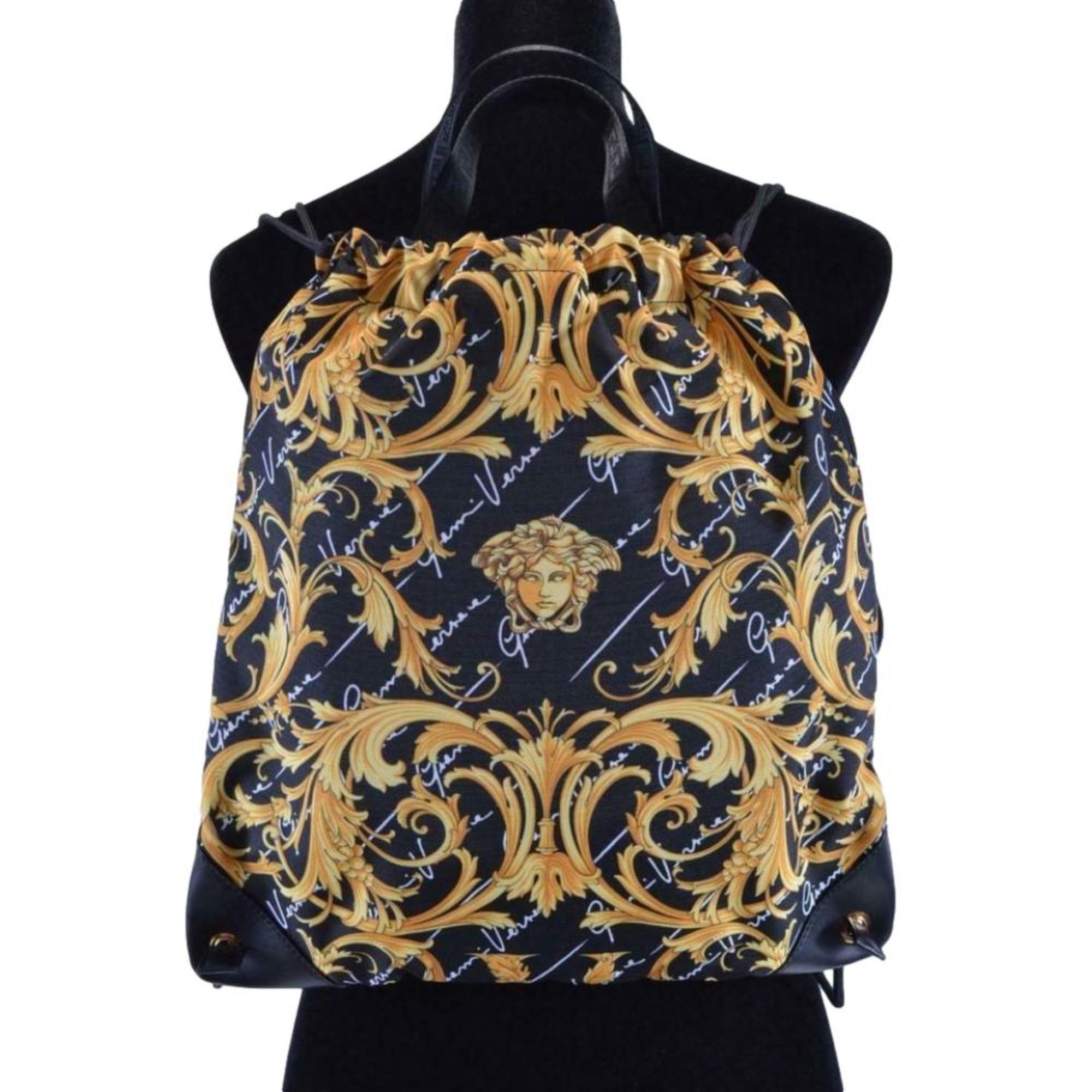 Versace Black Nylon Barocco Signature Print Drawstring Backpack 1002886 at_Queen_Bee_of_Beverly_Hills