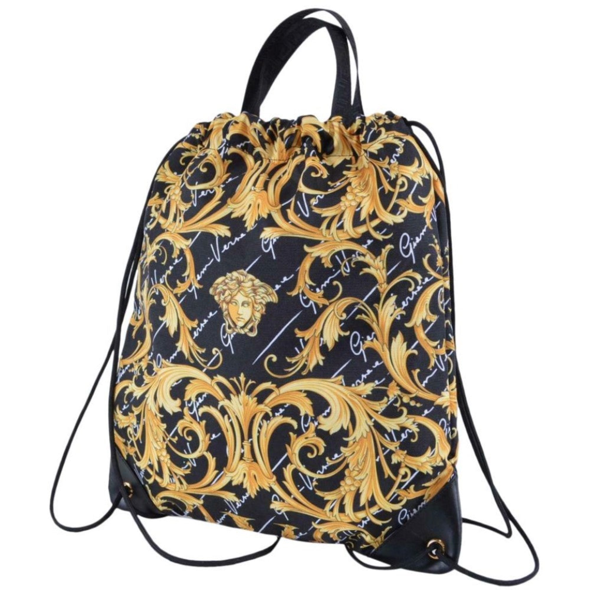 Versace Black Nylon Barocco Signature Print Drawstring Backpack 1002886 at_Queen_Bee_of_Beverly_Hills