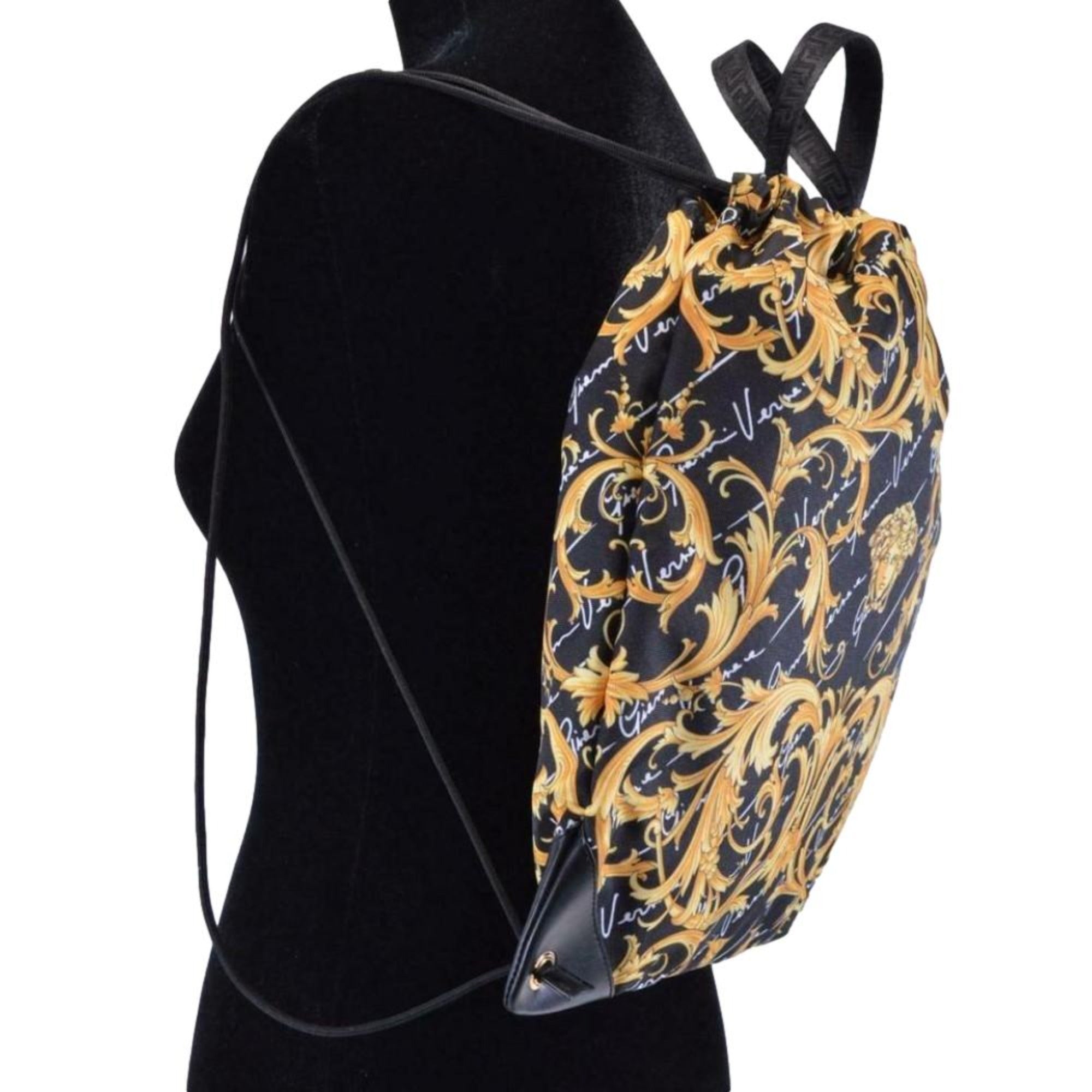 Versace Black Nylon Barocco Signature Print Drawstring Backpack 1002886 at_Queen_Bee_of_Beverly_Hills