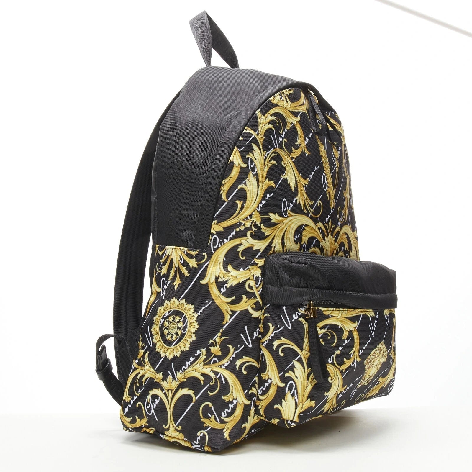 Versace Black Nylon Barocco Signature Print Zip Backpack 1002886 at_Queen_Bee_of_Beverly_Hills