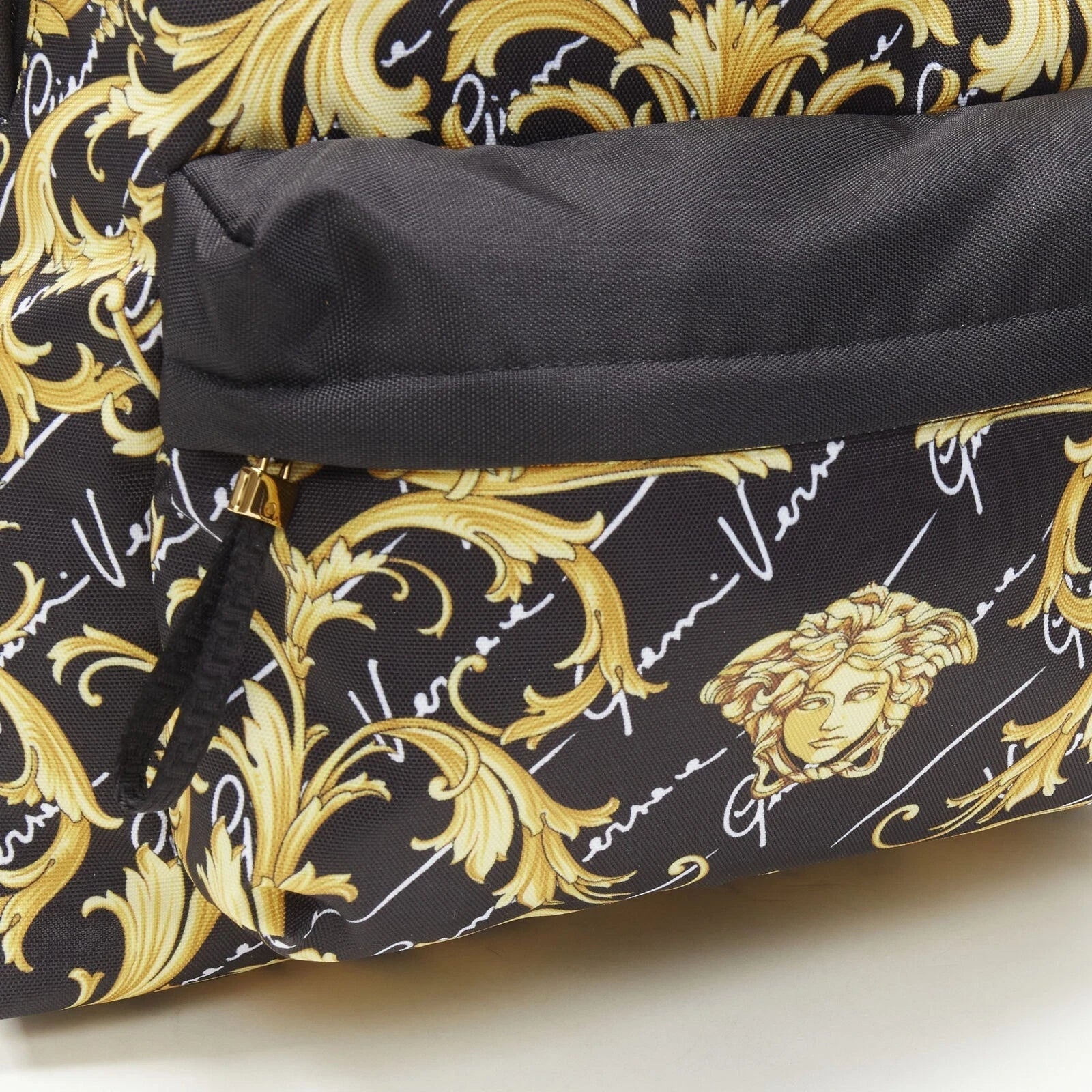 Versace Black Nylon Barocco Signature Print Zip Backpack 1002886 at_Queen_Bee_of_Beverly_Hills