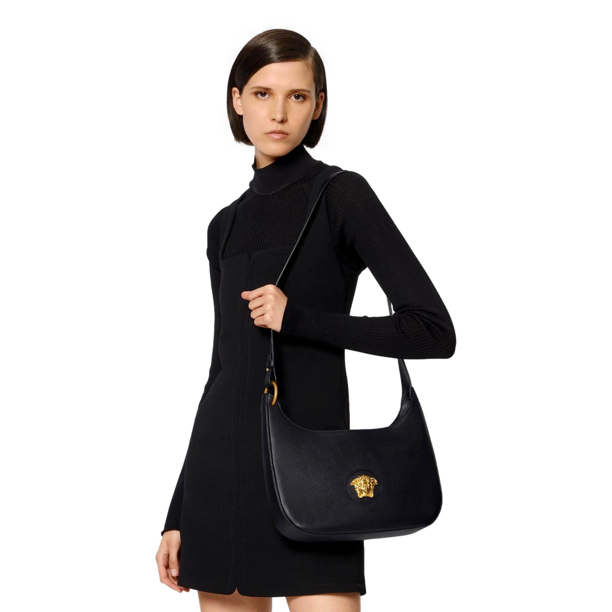 Versace La Medusa Convertible Black Leather Hobo Bag at_Queen_Bee_of_Beverly_Hills