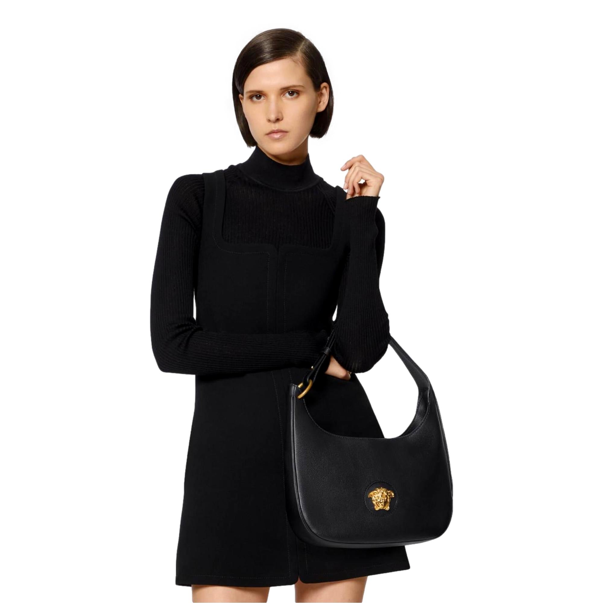 Versace La Medusa Convertible Black Leather Hobo Bag at_Queen_Bee_of_Beverly_Hills