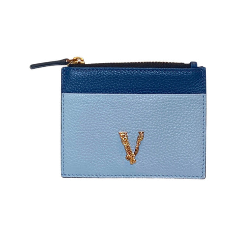 Versace Virtus Cornflower and Navy Leather Card Holder Wallet 1005975 at_Queen_Bee_of_Beverly_Hills