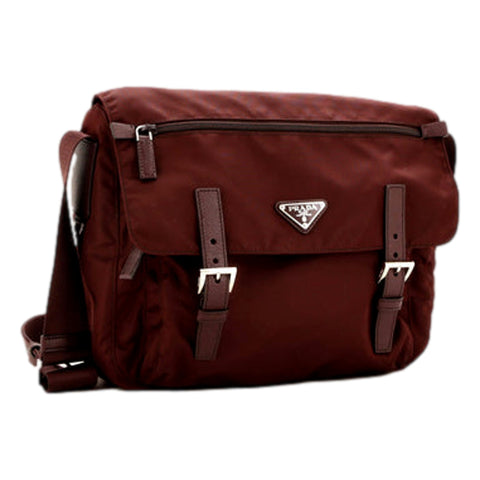 Prada Double Buckle Flap Messenger Bag Tessuto Nylon Large Burgundy Red