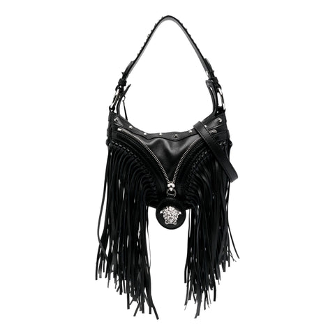 Versace Repeat Fringe La Medusa Mini Hobo Shoulder Bag Black Leather