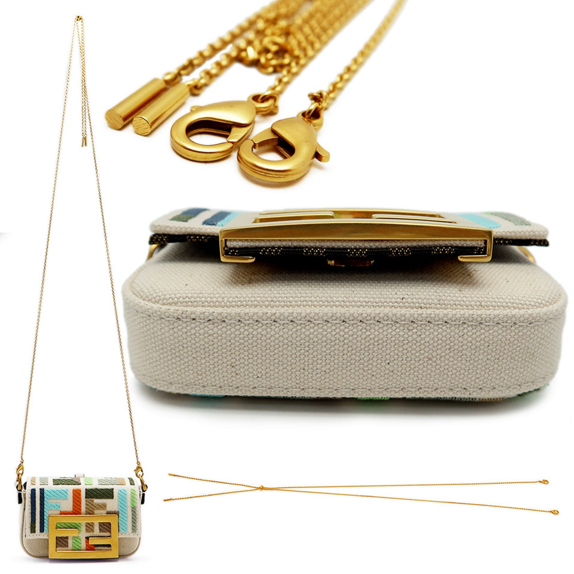 Fendi Canvas FF Embroidery Nano Baguette Charm Beige Multicolor