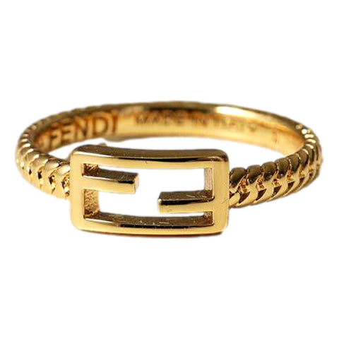 Fendi Baguette FF Logo Ring Gold Tone Twist Metal Band Small