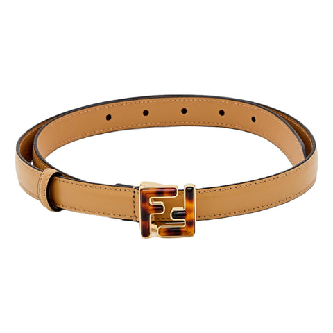 Fendi FF Skinny Tan Brown Leather Belt Tortoise Shell Buckle 95