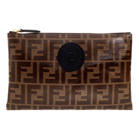 Fendi FF Zucca Brown Coated Canvas Flat Zipper Pouch Clutch