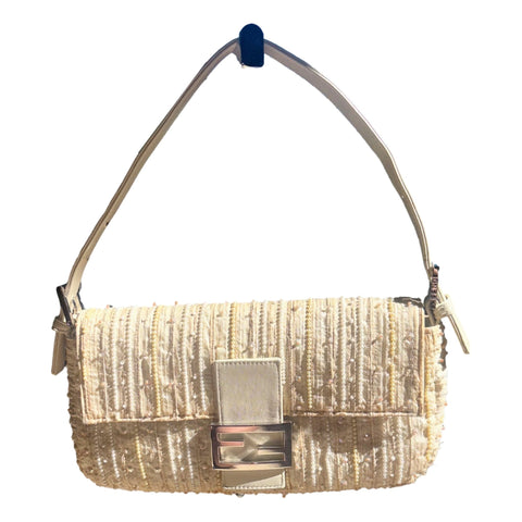 Fendi Vintage Baguette Beaded Sequined Small Shoulder Bag Cream White