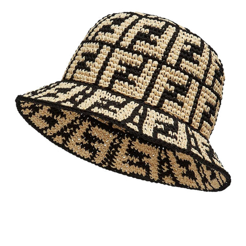 Fendi FF Motif Raffia Woven Black and Natural Raffia Bucket Hat