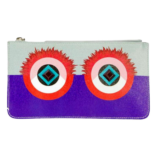 Fendi Monster Zip Pouch Clutch Cosmetic Bag Travel Purple Blue Leather ...