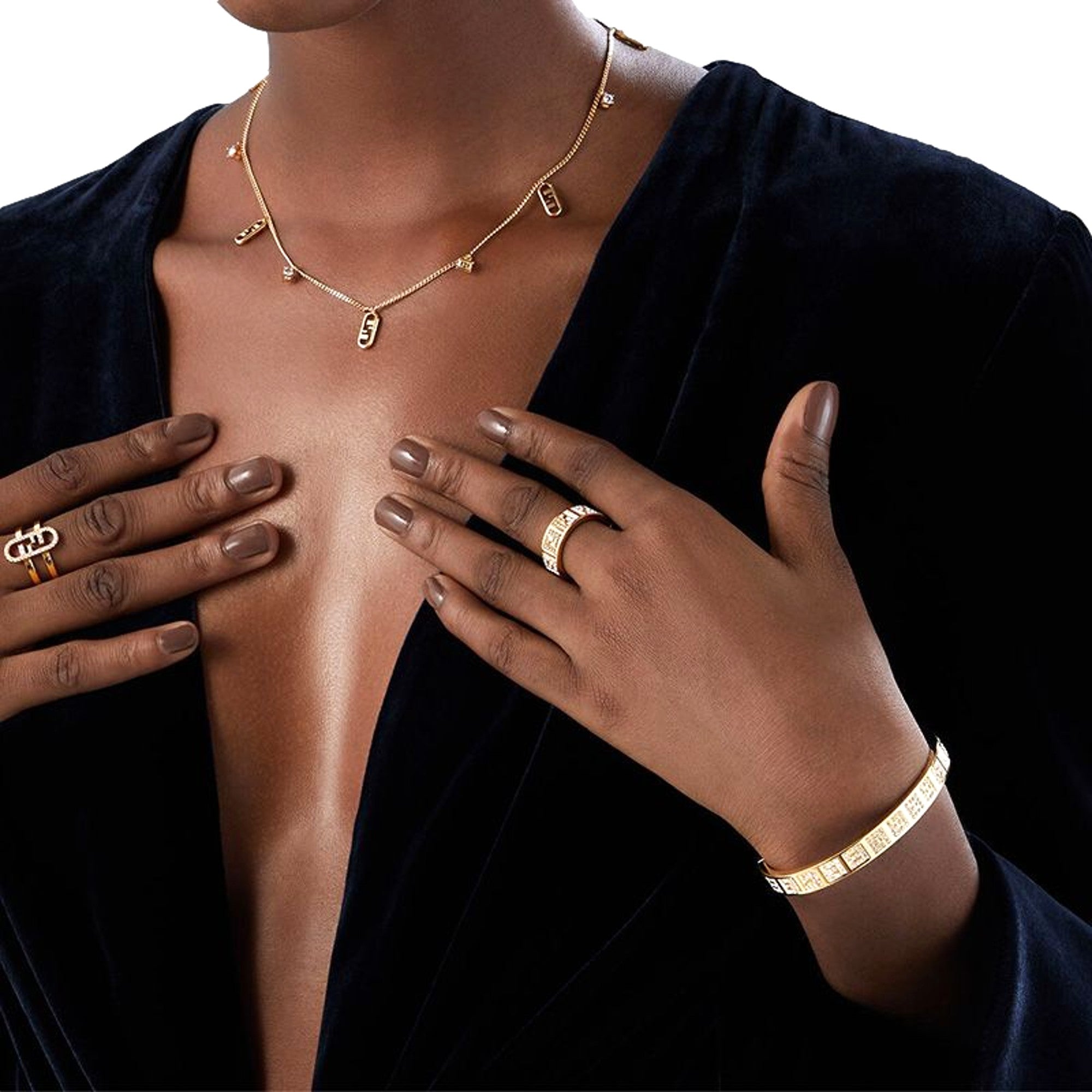 Fendi FF Crystal Embellished Wide Band Gold Ring Small