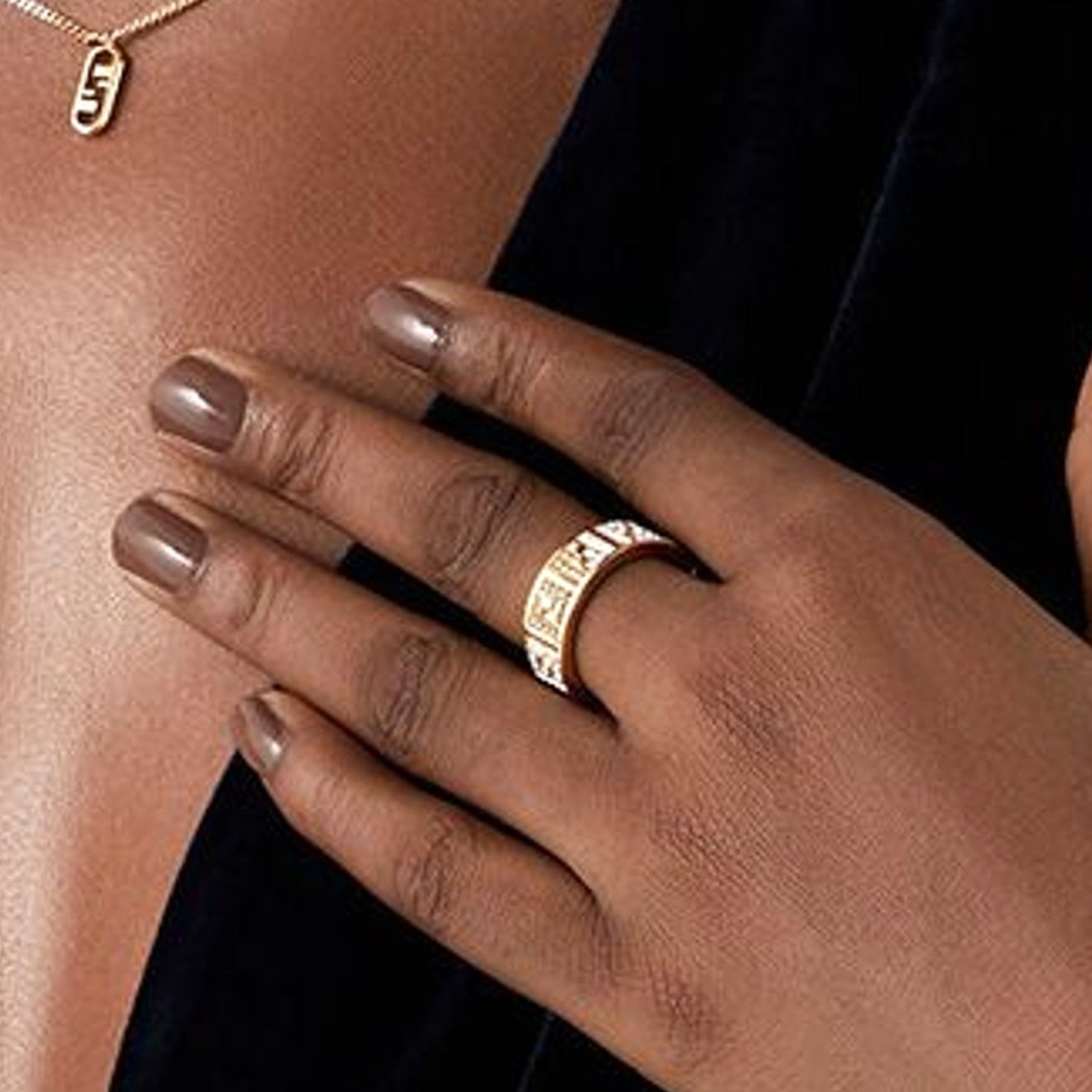 Fendi FF Crystal Embellished Wide Band Gold Ring Small