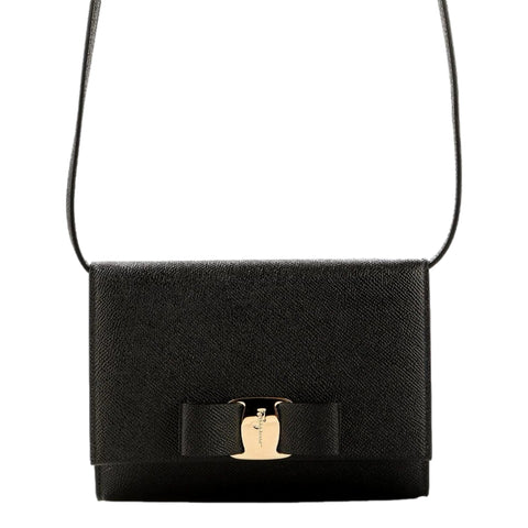 Ferragamo Ginny Black Vitello Grain Leather Crossbody Bow Handbag