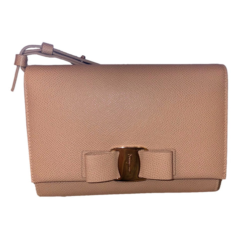 Ferragamo Amaretti Beige Vitello Grain Leather Crossbody Bow Handbag