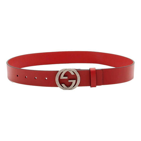 Gucci Interlocking Leather GG Buckle Antiqued Silver Tone Belt Rosso Red 85/34