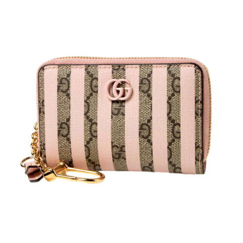 Gucci GG Monogram Canvas Pink Stripes Zip Around Compact Wallet