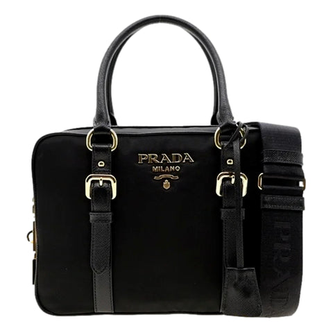 Prada Bauletto Tessuto Saffiano Black Satchel Handbag