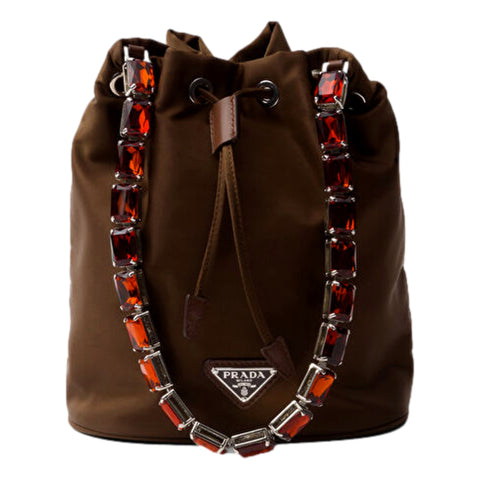 Prada Re-Nylon Cacao Brown Drawstring Bucket Bag Embellished Crystal Handle