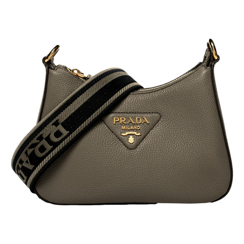 Prada Vitelllo Leather Argilla Gray Web Strap Crossbody Bag