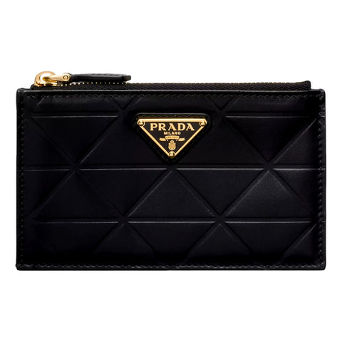 Prada Black Soft Calfskin Leather Gold Triangle Logo Embossed Zipper Card Case Wallet