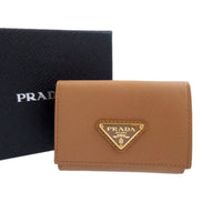 Prada Saffiano Leather Trifold Wallet Enamel Triangle Logo Natural Brown available at Queen Bee of Beverly Hills