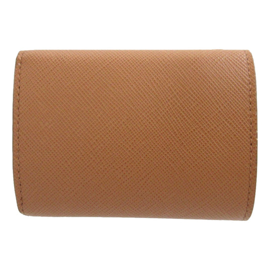 Prada Saffiano Leather Trifold Wallet Enamel Triangle Logo Natural Brown available at Queen Bee of Beverly Hills