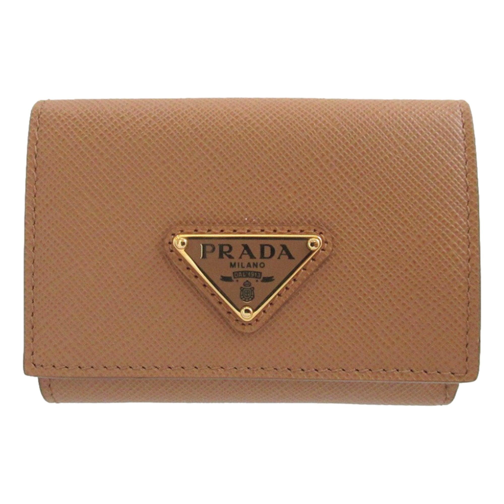 Prada Saffiano Leather Trifold Wallet Enamel Triangle Logo Natural Brown available at Queen Bee of Beverly Hills