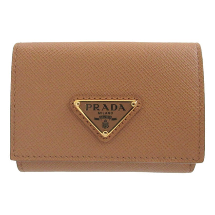 Prada Saffiano Leather Trifold Wallet Enamel Triangle Logo Natural Brown available at Queen Bee of Beverly Hills