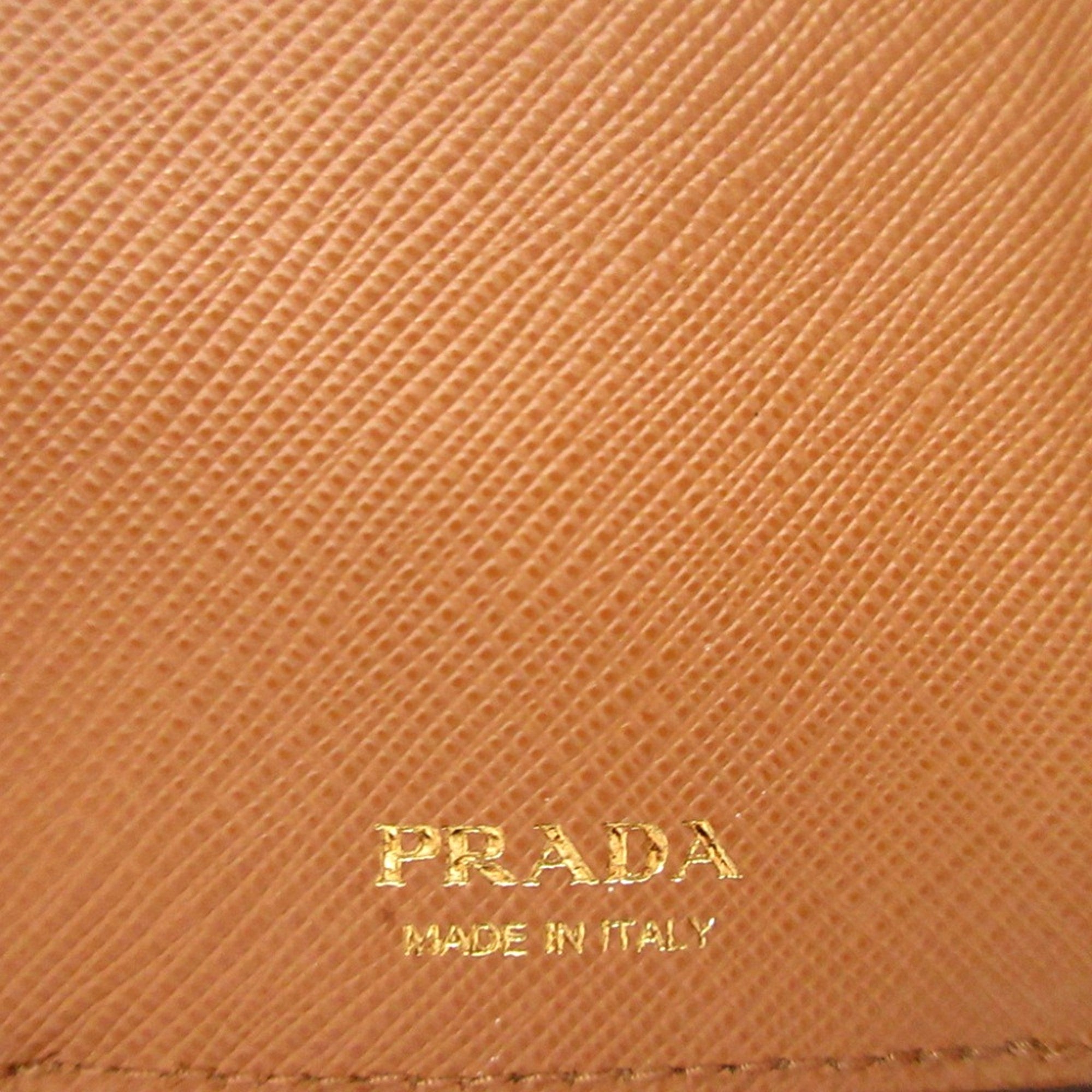 Prada Saffiano Leather Trifold Wallet Enamel Triangle Logo Natural Brown available at Queen Bee of Beverly Hills