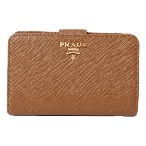 Prada Caramel Saffiano Leather Gold Triangle Logo Wallet with Zipper