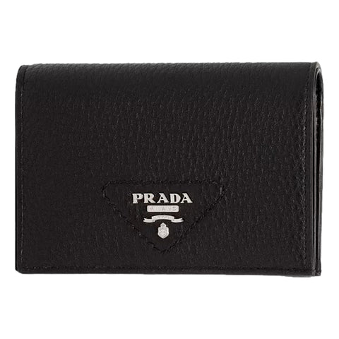 Prada Nero Black Vitello Daino Silver Triangle Logo Wallet Zipper Coin Pouch