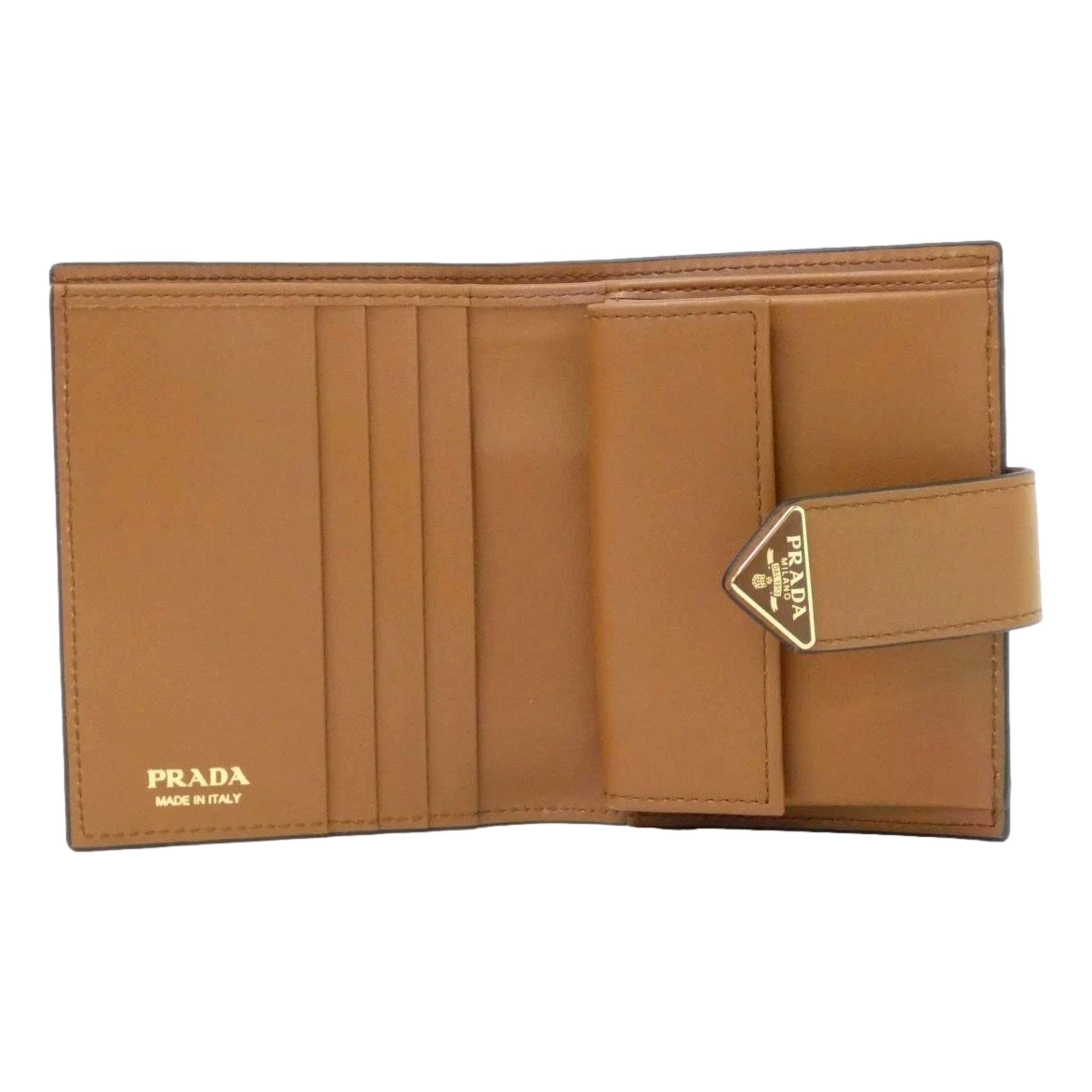 Prada City Calf Leather Snap Bifold Wallet Caramel Brown available at Queen Bee of Beverly Hills
