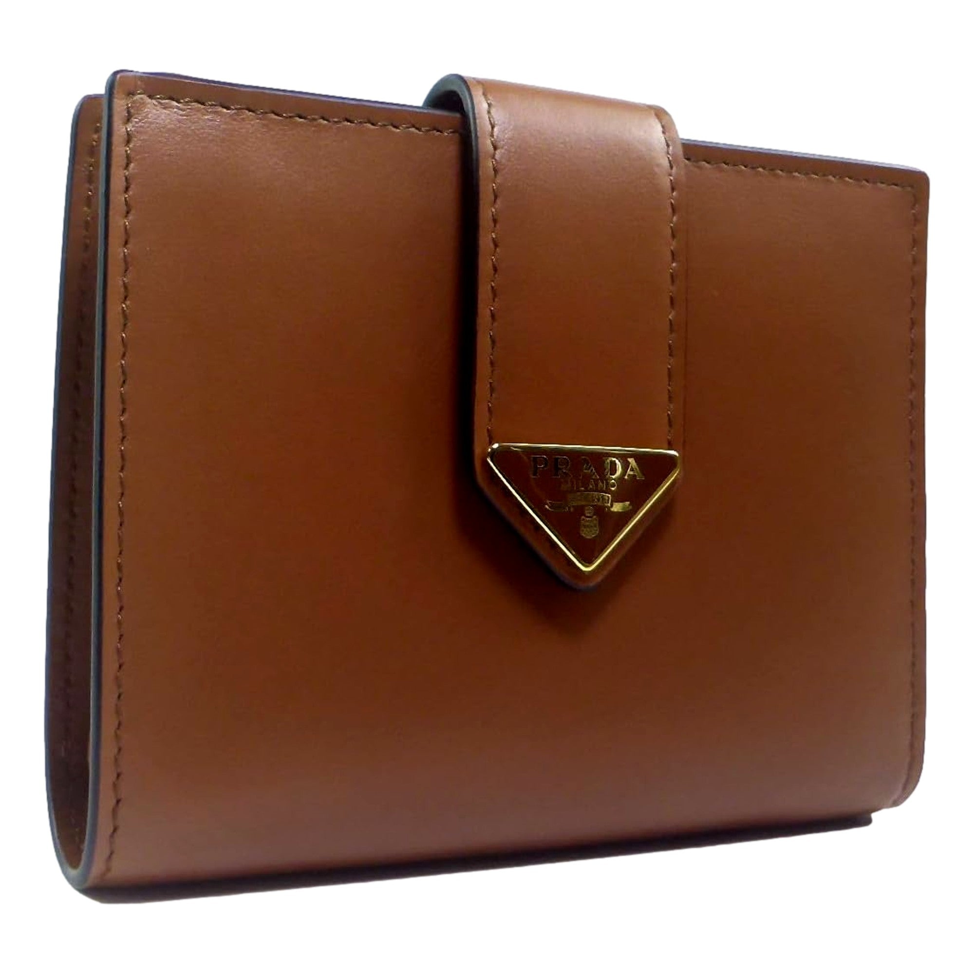 Prada City Calf Leather Snap Bifold Wallet Cognac Brown available at Queen Bee of Beverly Hills